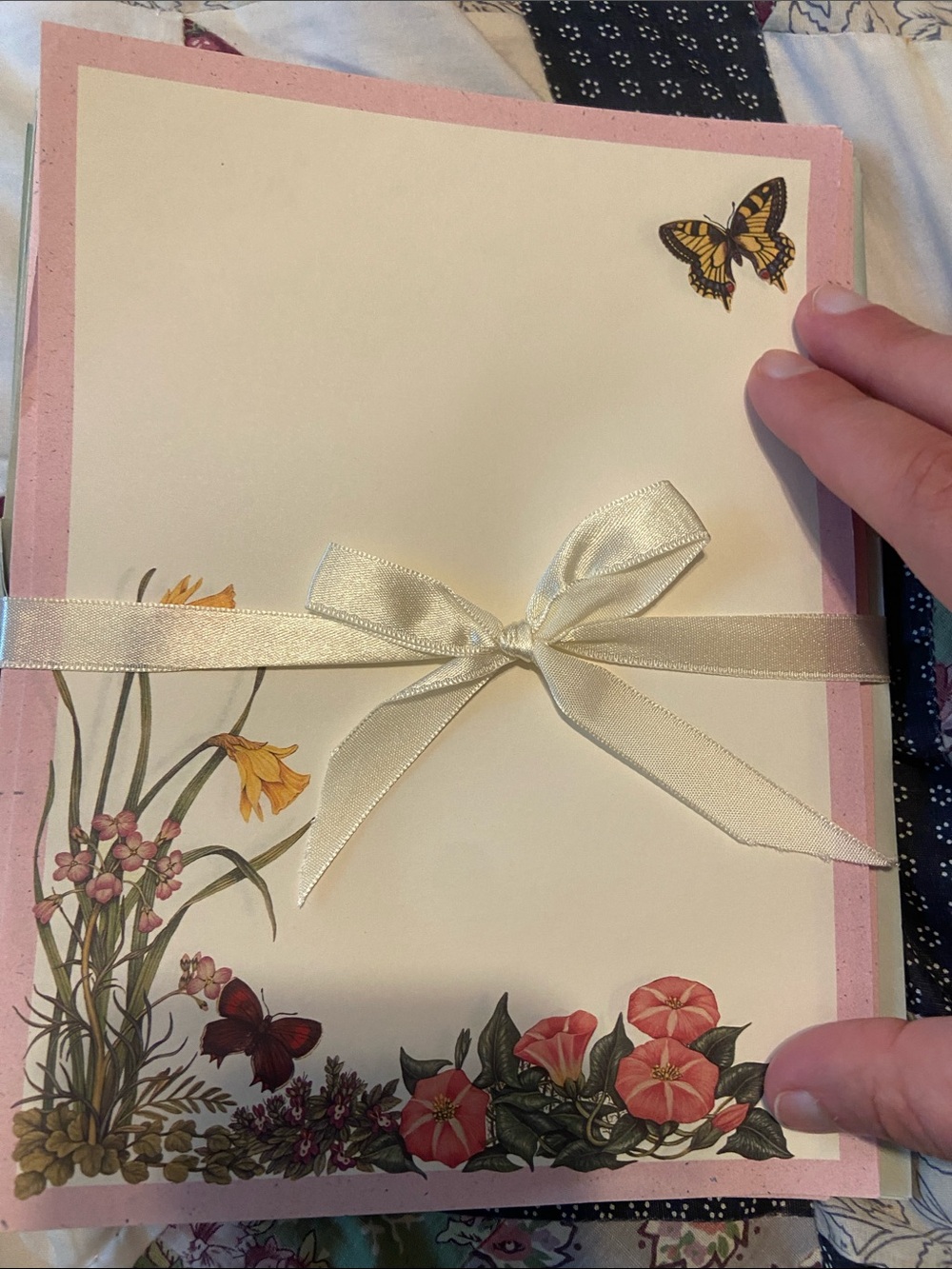 Floral Butterfly Ribboned Stationery Set - Cream & Pink